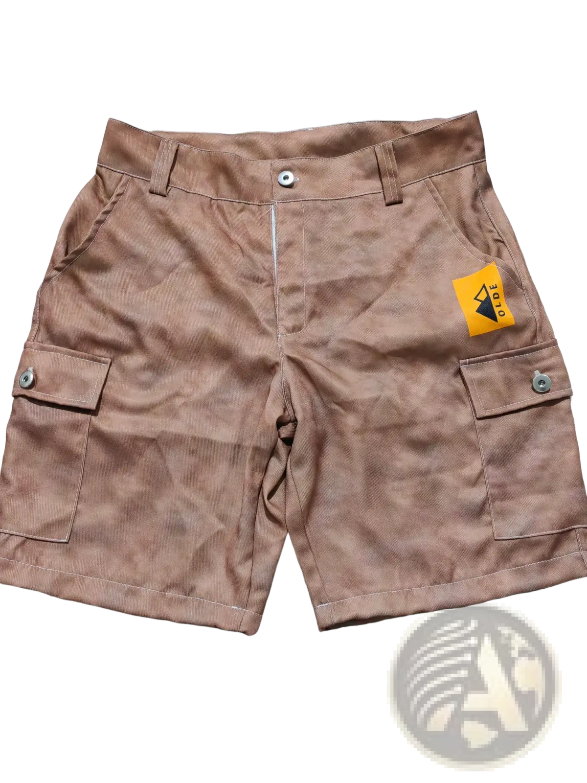 Men’s tan digital print cargo shorts made of polyester with a yellow brand patch on the right thigh