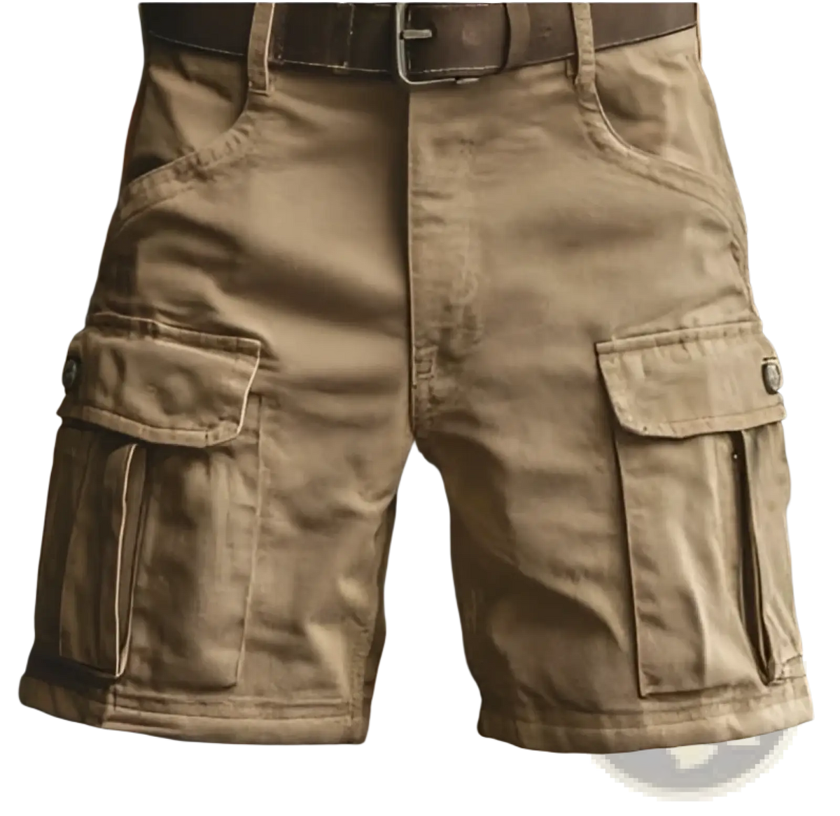 Men’s khaki digital print polyester cargo shorts with multiple flap pockets and brown leather belt straight pants