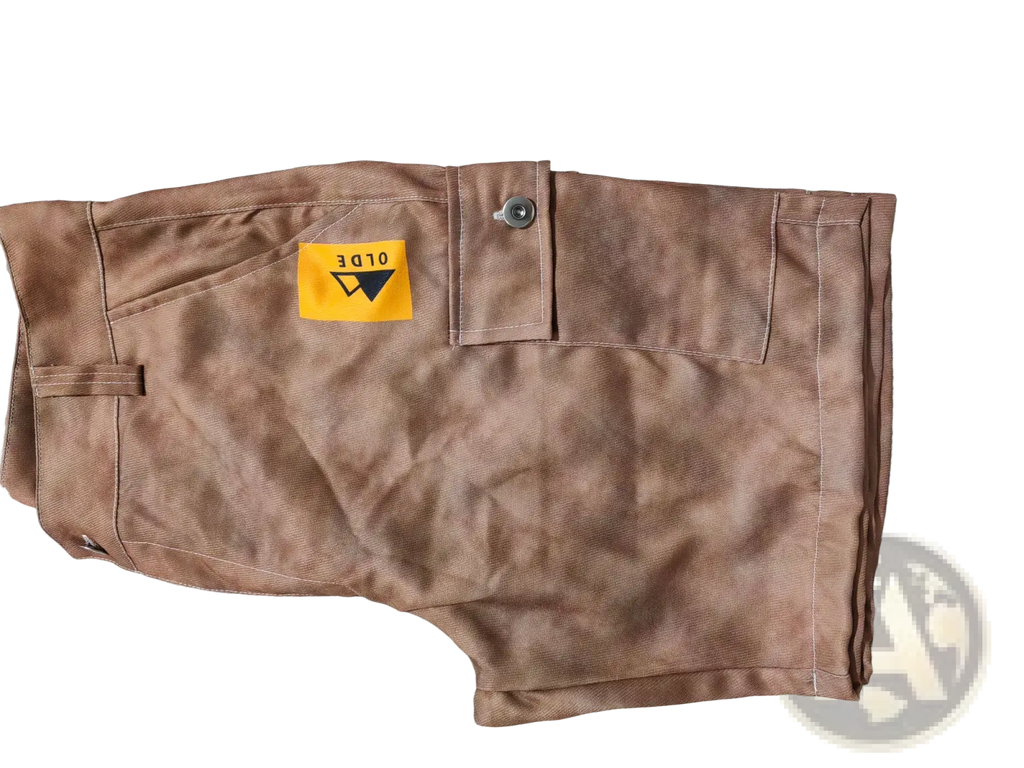 Back side view of brown men’s digital print cargo shorts in polyester with a yellow old 3 patch on the pocket