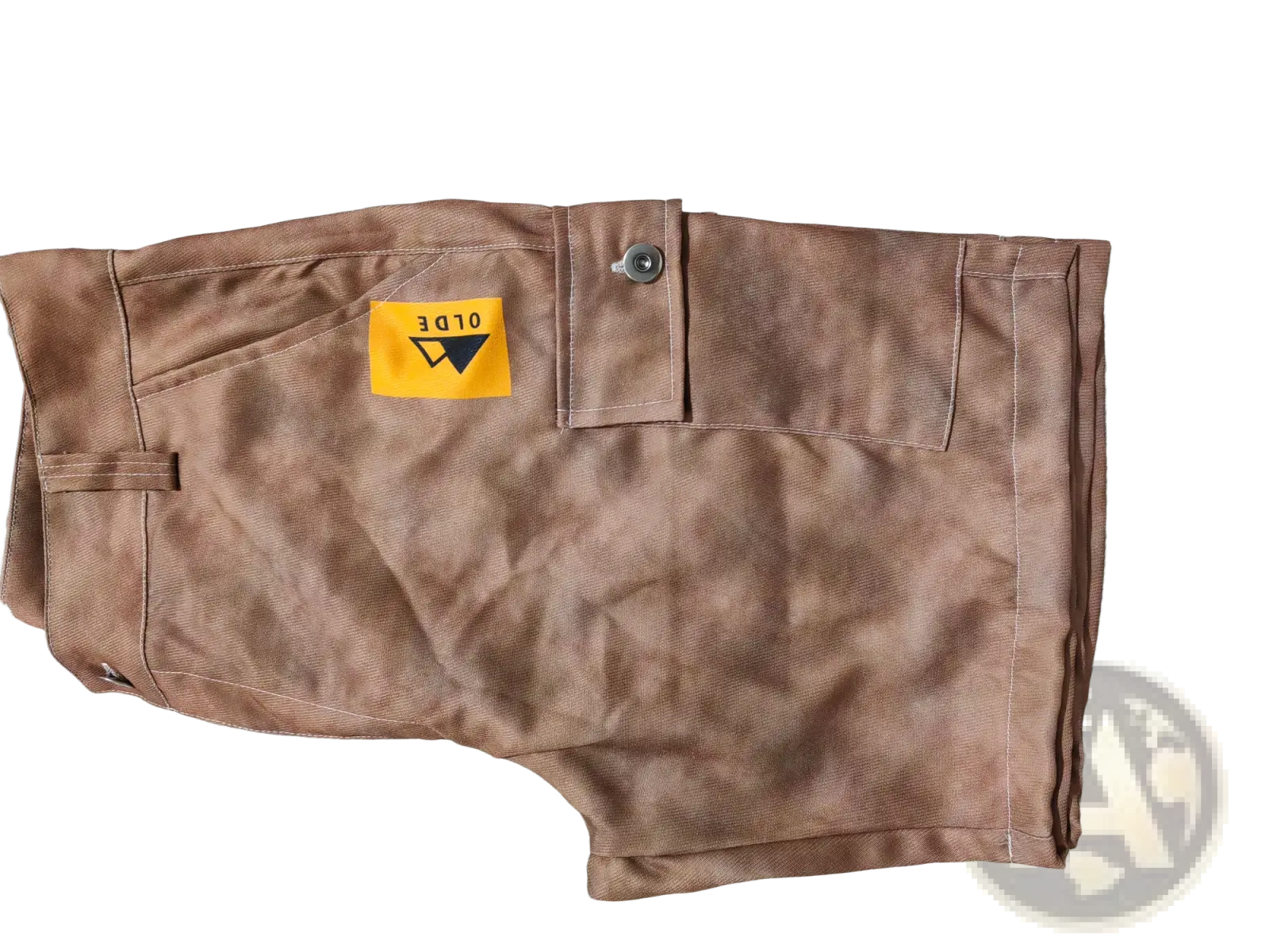 Back side view of brown men’s digital print cargo shorts in polyester with a yellow old 3 patch on the pocket
