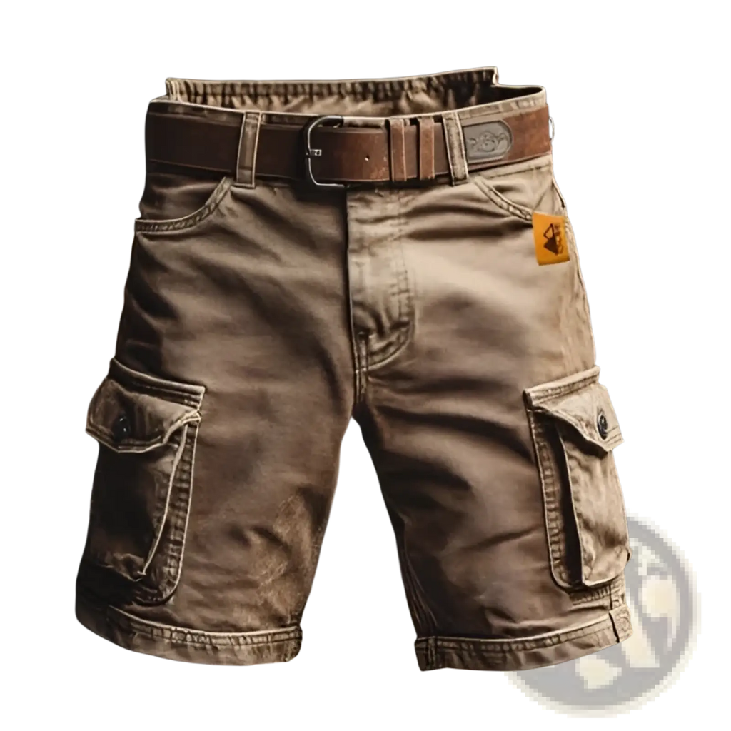 Men’s tan digital print cargo shorts with multiple pockets and brown leather belt made of polyester straight pants