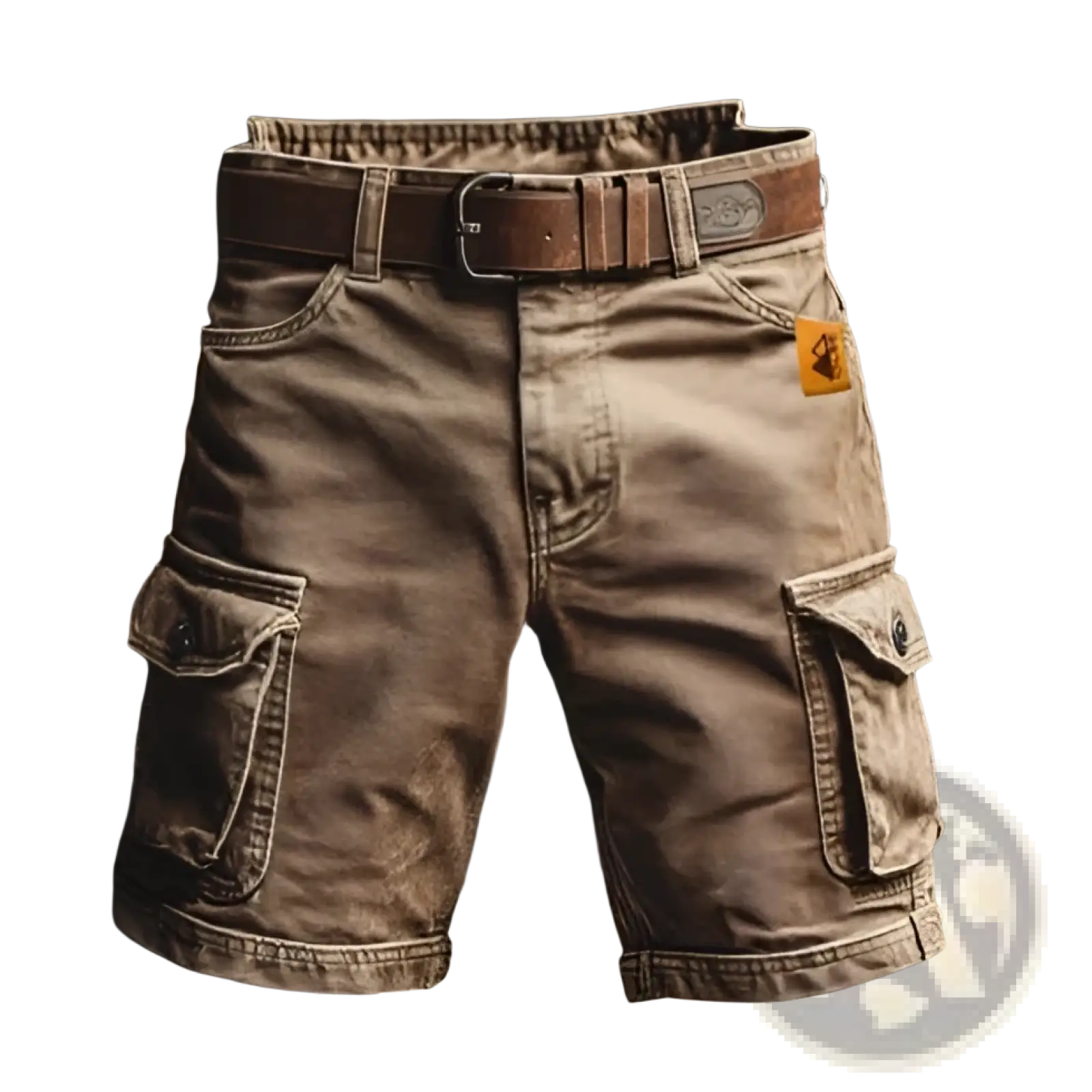 Men’s tan digital print cargo shorts with multiple pockets and brown leather belt made of polyester straight pants
