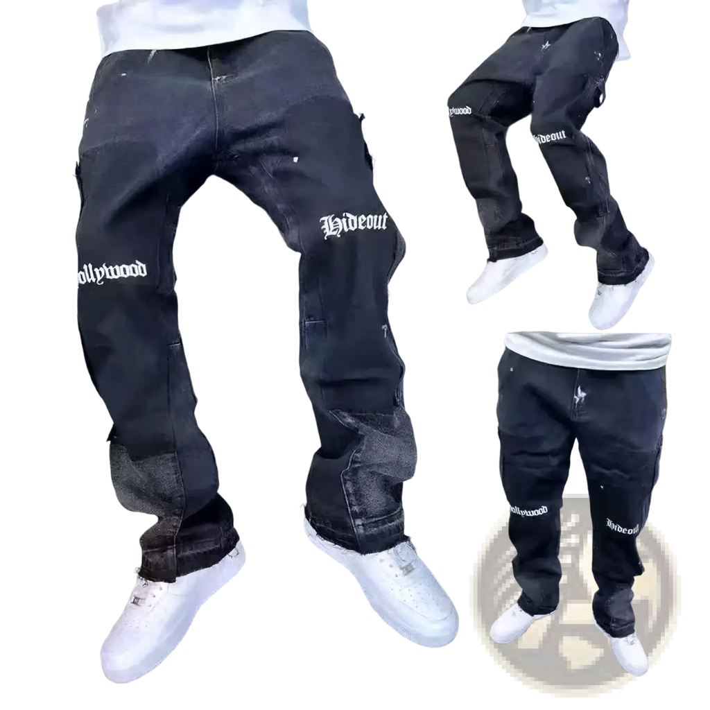 Mens distressed black denim cargo pants with white hollywood and hideout lettering on the legs