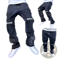 Mens distressed black denim cargo pants with white hollywood and hideout lettering on the legs