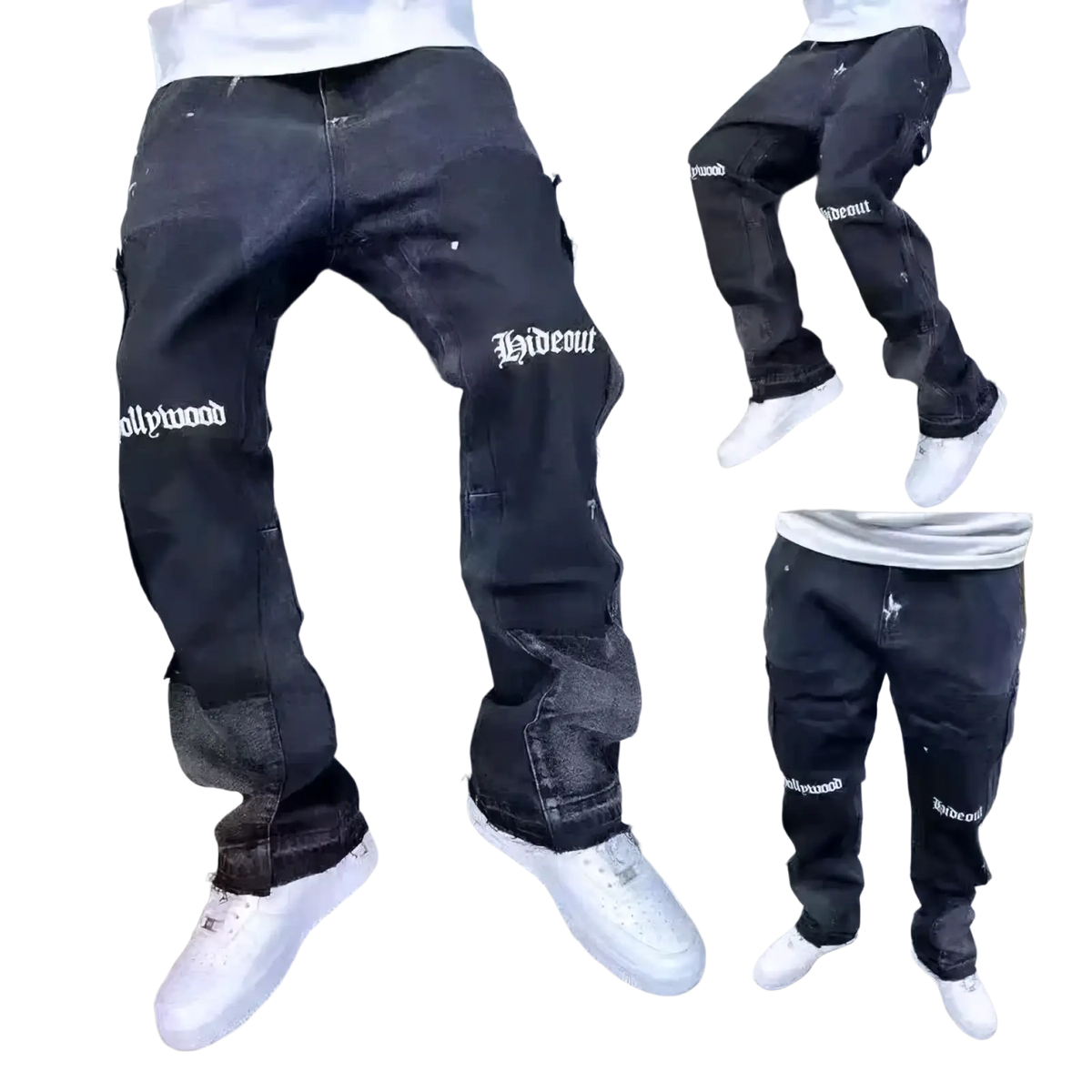 Mens distressed black denim cargo pants with white hollywood and hideout lettering on the legs
