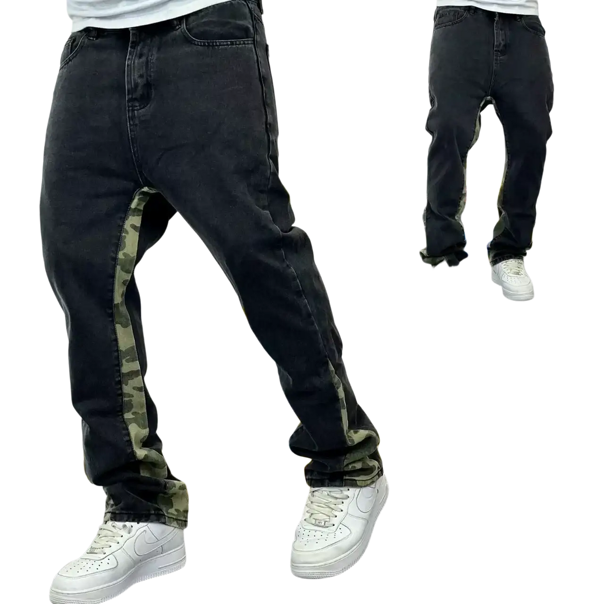 Mens distressed bell bottom denim work pants in black denim with camouflage side panels and rolled cuffs