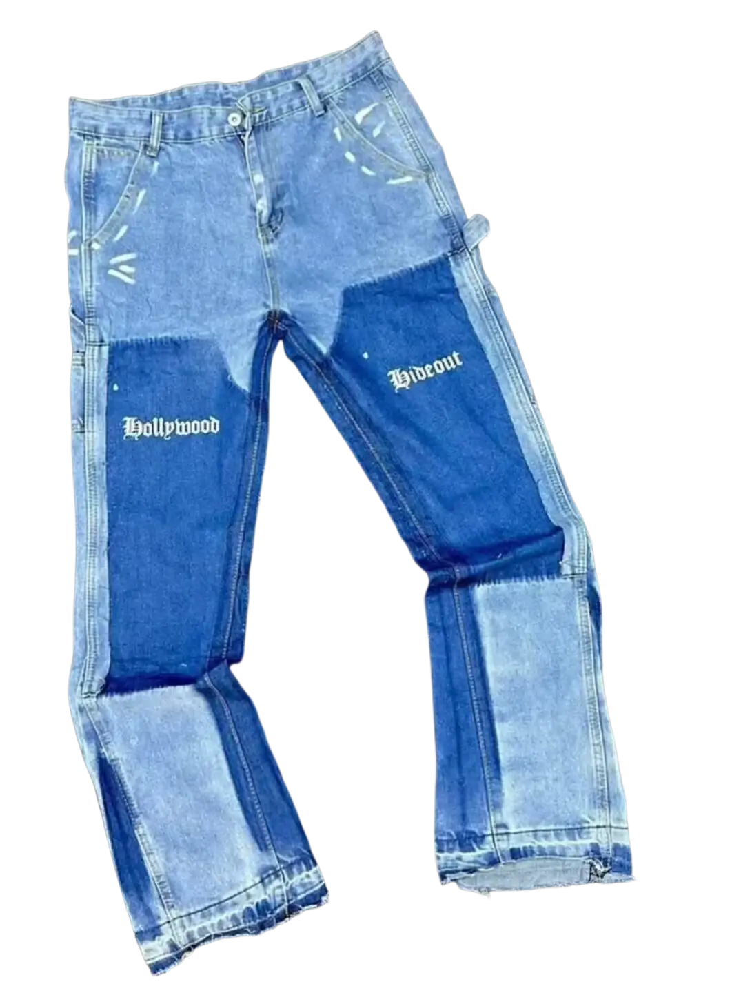 Mens distressed bell bottom denim work pants in blue with patchwork design and embroidered hollywood and wideout text