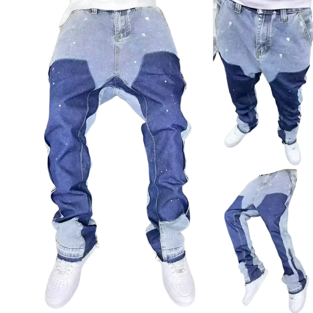 Mens distressed bell bottom denim work pants in blue and light blue patchwork design with contrasting denim shades