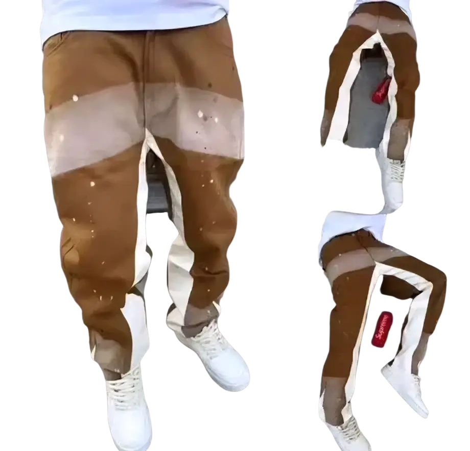 Mens distressed bell bottom denim work pants in brown and white paint-splattered with modern distressed design