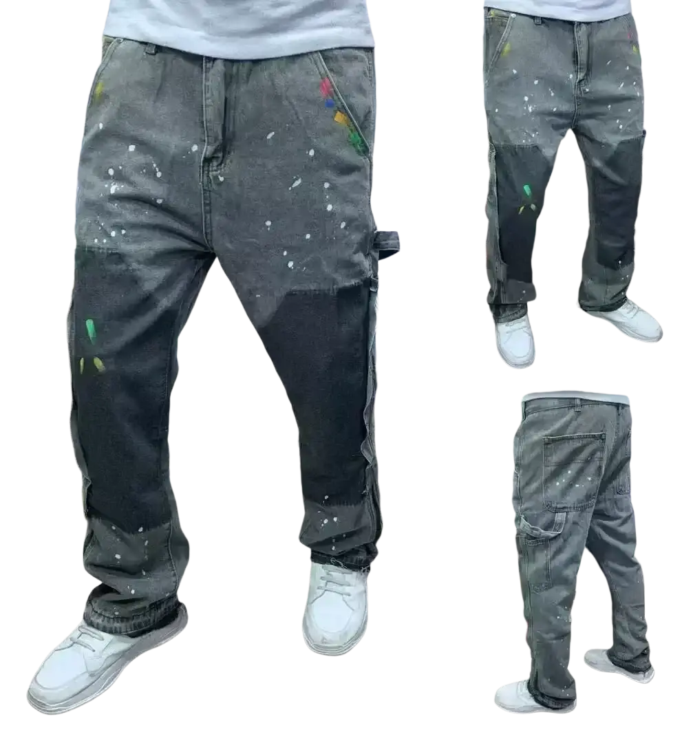 Mens distressed bell bottom denim work pants in dark gray with colorful paint splatters and a rugged distressed look