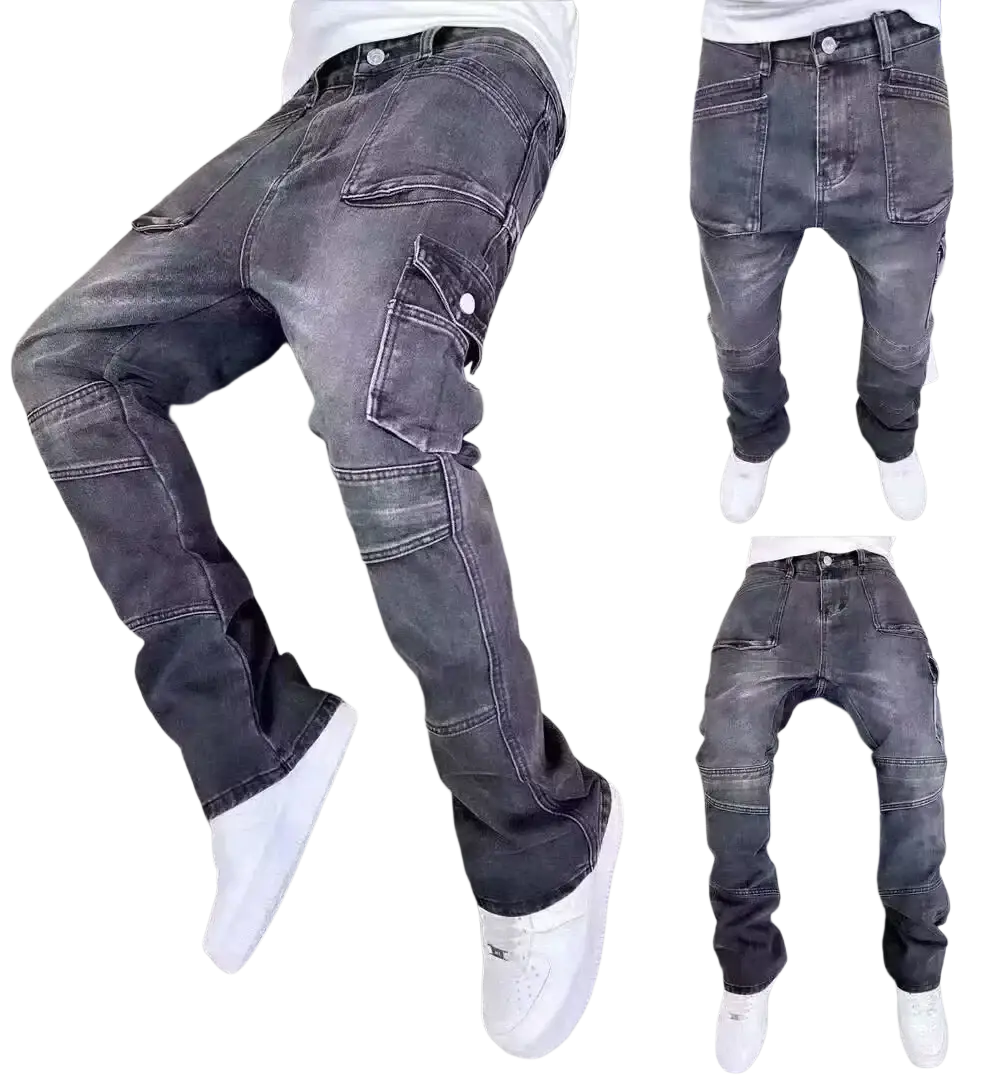 Mens distressed bell bottom denim work pants in dark gray with reinforced patches and multiple cargo pockets