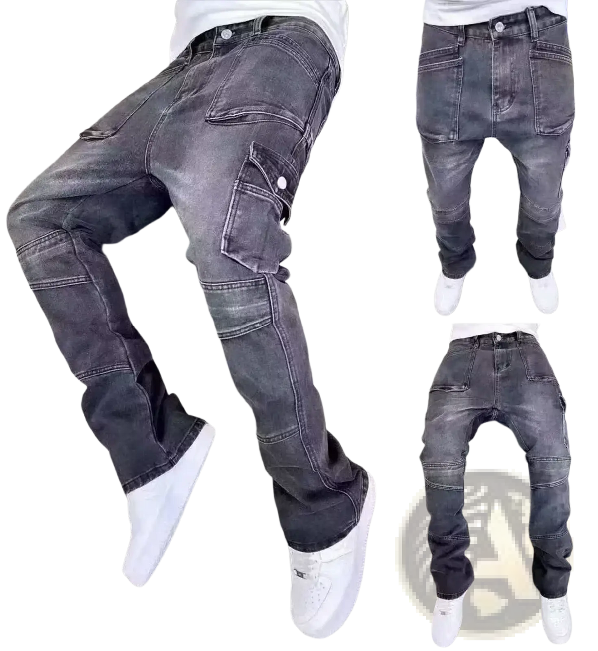 Mens distressed bell bottom denim work pants in dark gray with reinforced patches and multiple cargo pockets