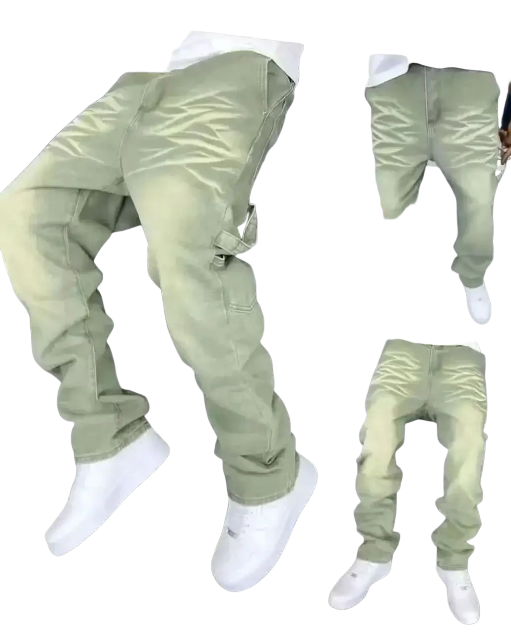 Mens distressed bell bottom denim work pants in olive green cargo style with relaxed fit and visible stitching details