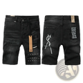 Back view of men’s distressed blue acid wash denim shorts with white graffiti graphics and studded crosshatch hem detail