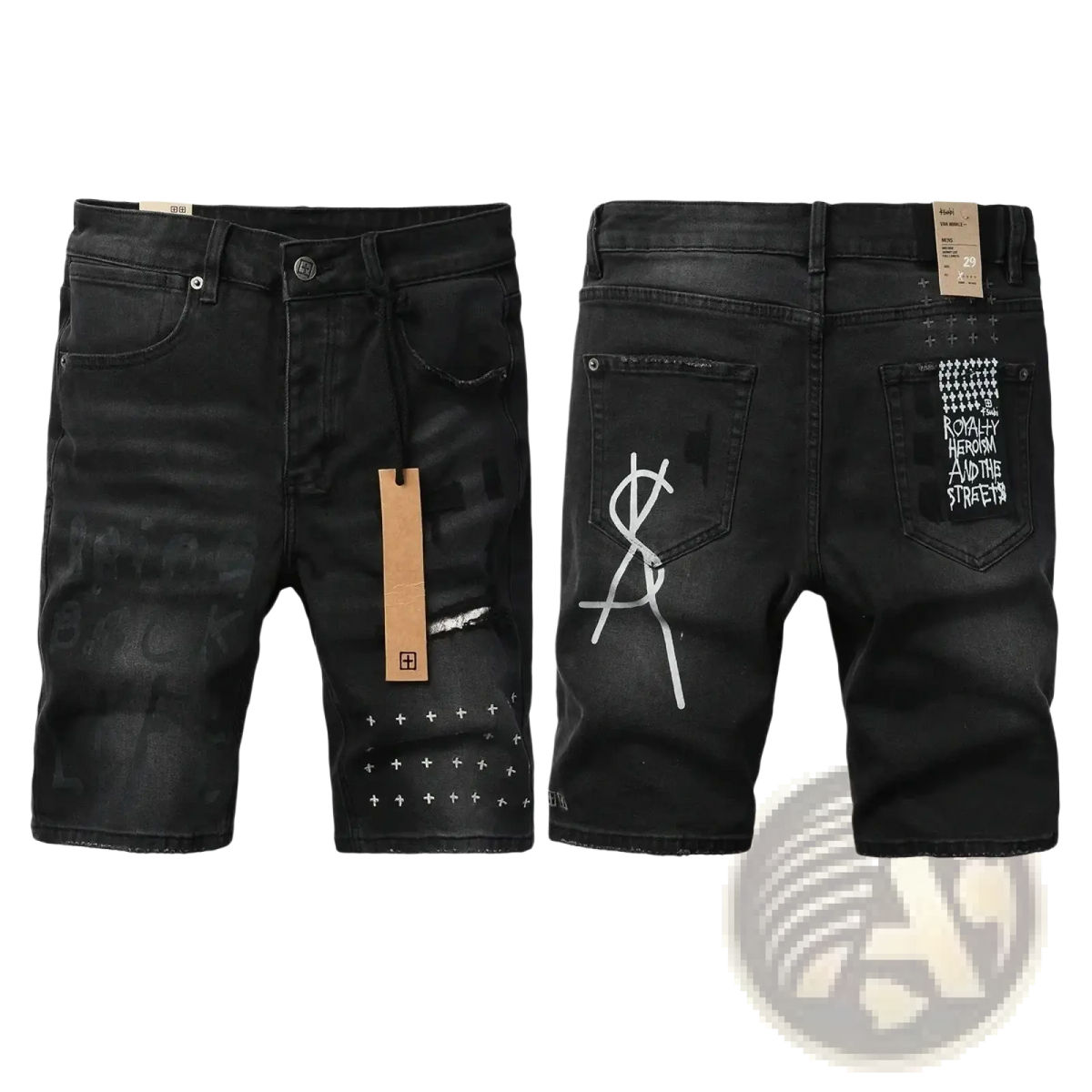 Back view of men’s distressed blue acid wash denim shorts with white graffiti graphics and studded crosshatch hem detail