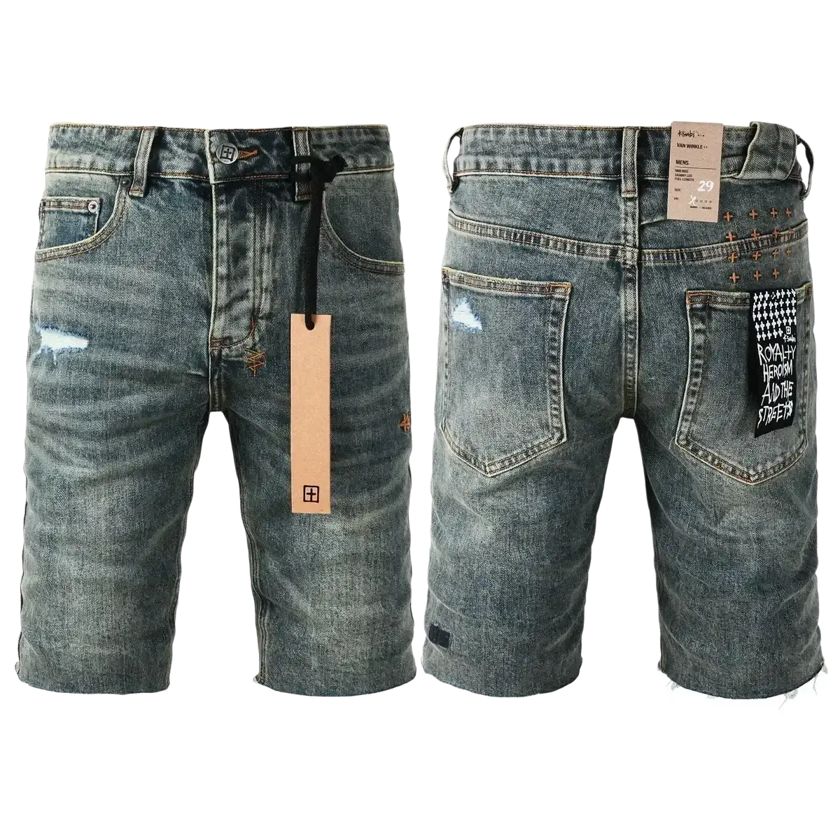 Men’s distressed blue acid wash denim shorts with ripped knees hem and patch on back pocket showing royalty heron and the streets