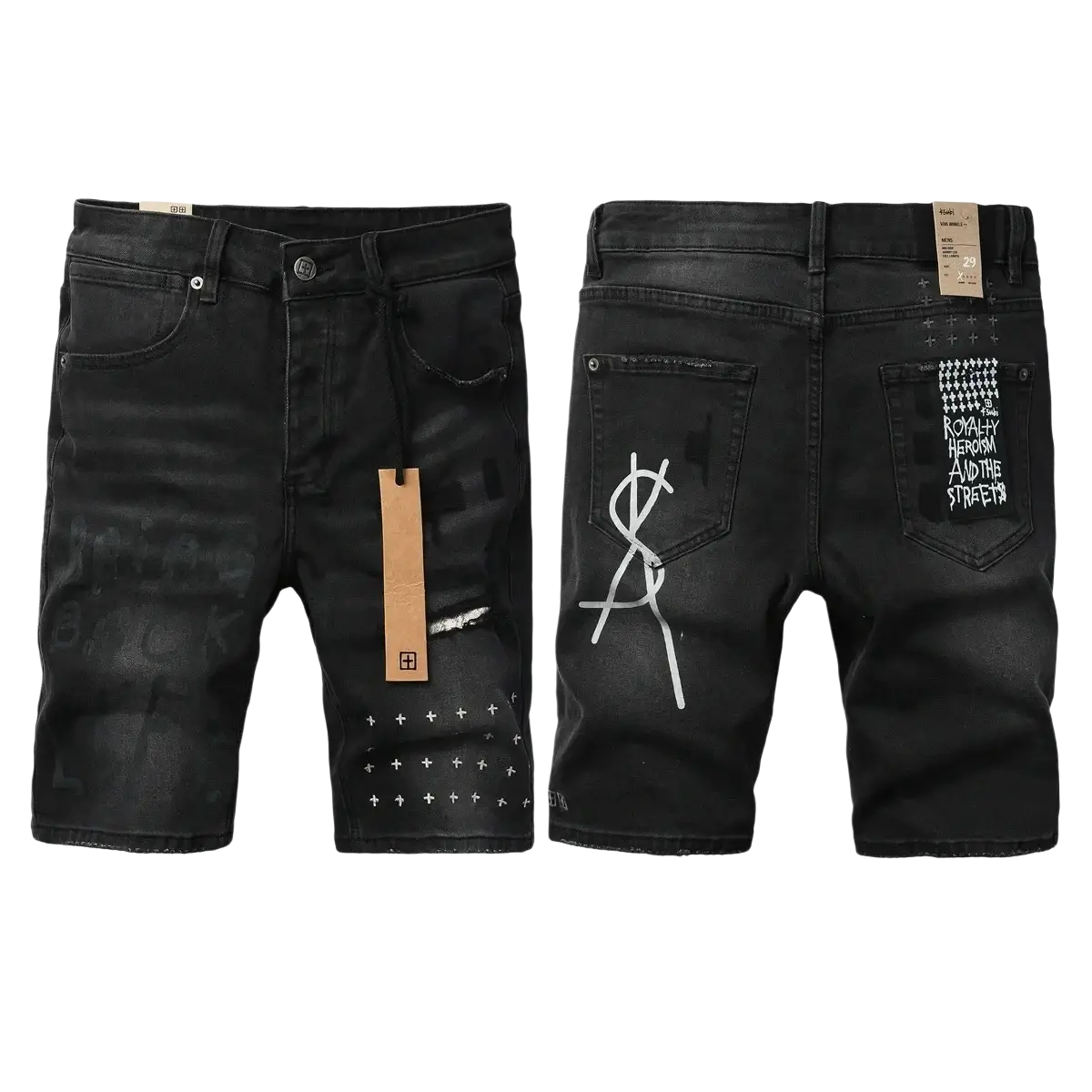 Back view of men’s distressed blue acid wash denim shorts with white graffiti graphics and studded crosshatch hem detail
