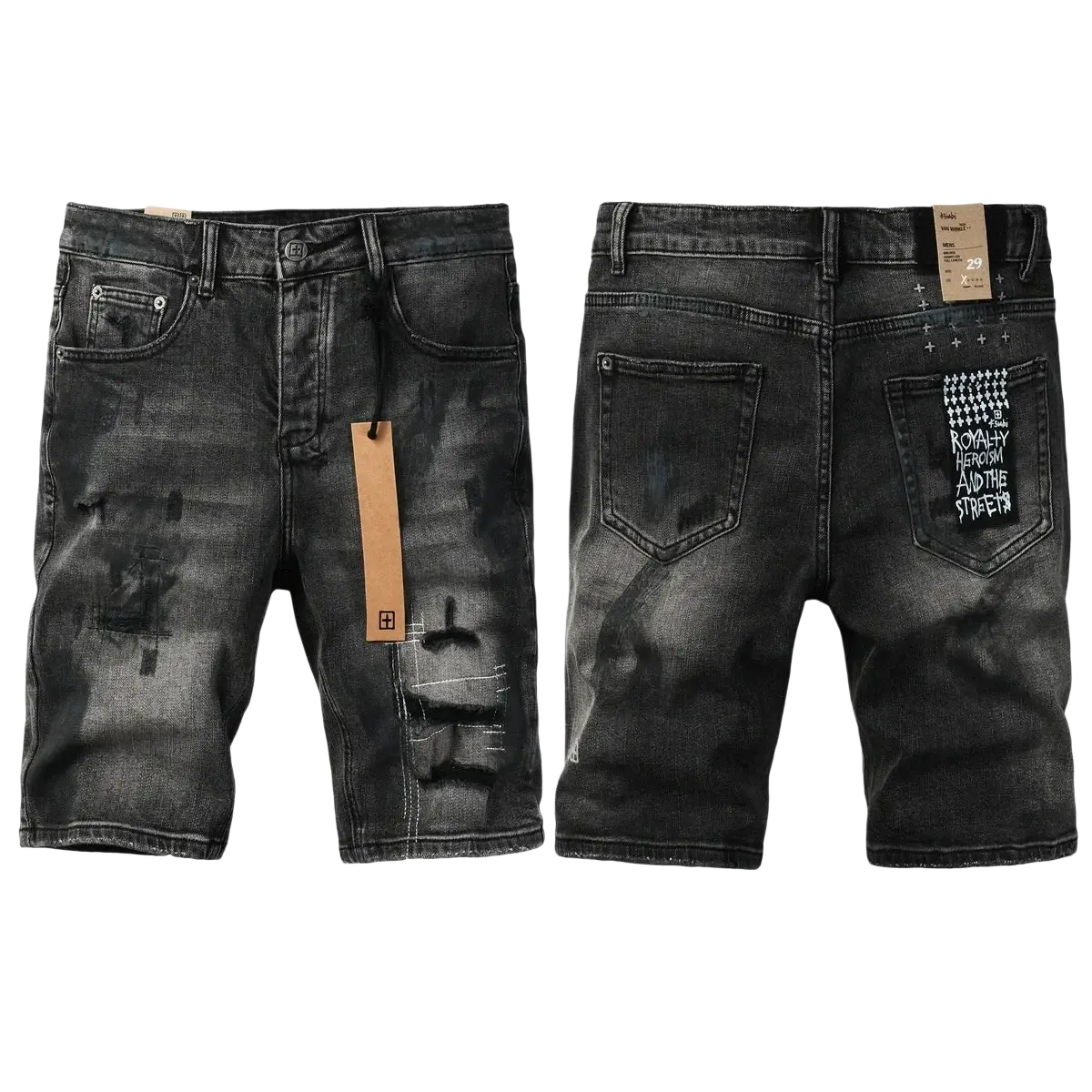 Back side of men’s distressed blue acid wash denim shorts with dark wash, faded patches, and graphic back pocket patch