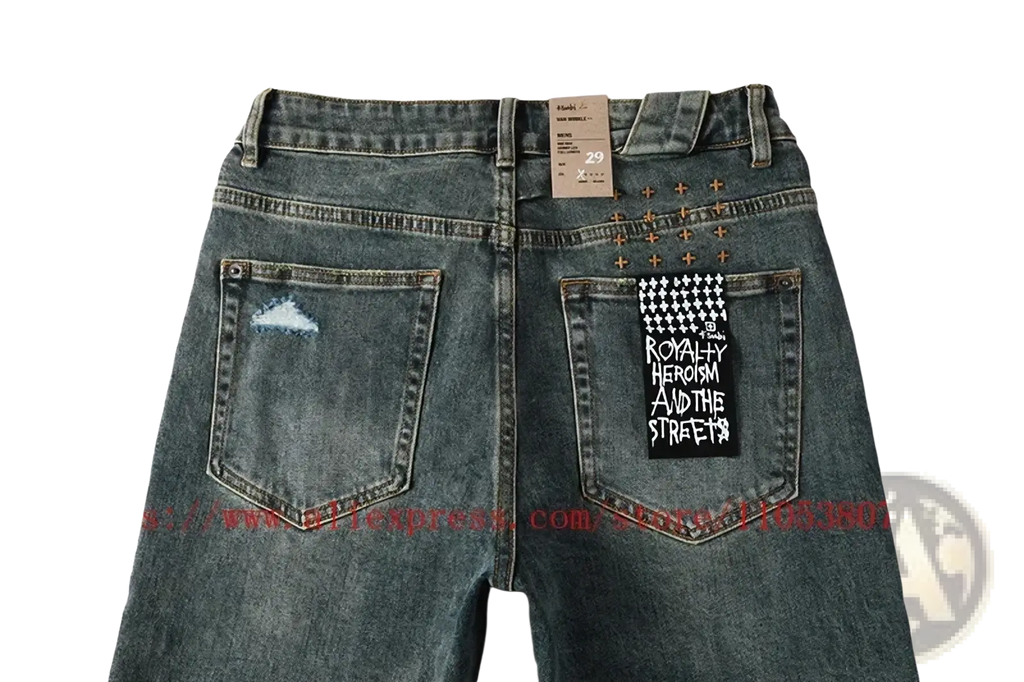 Back side of men’s distressed blue acid wash denim shorts featuring a distressed patch and black-and-white checkered label