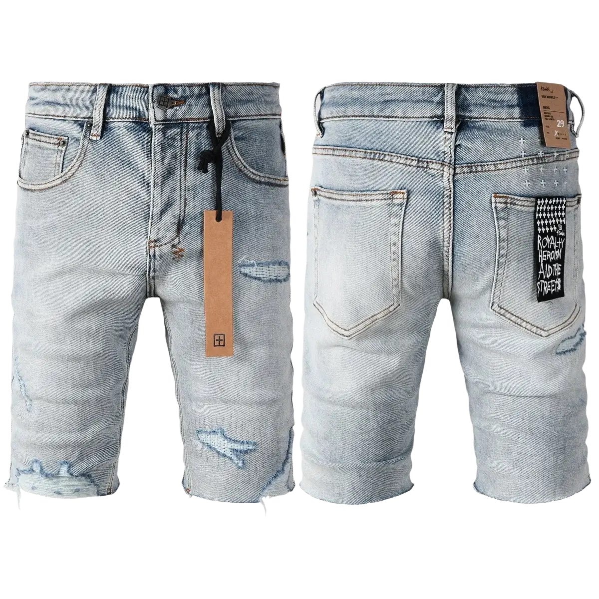 Back side of men’s distressed blue acid wash denim shorts with light-wash fabric frayed hems and black text patch