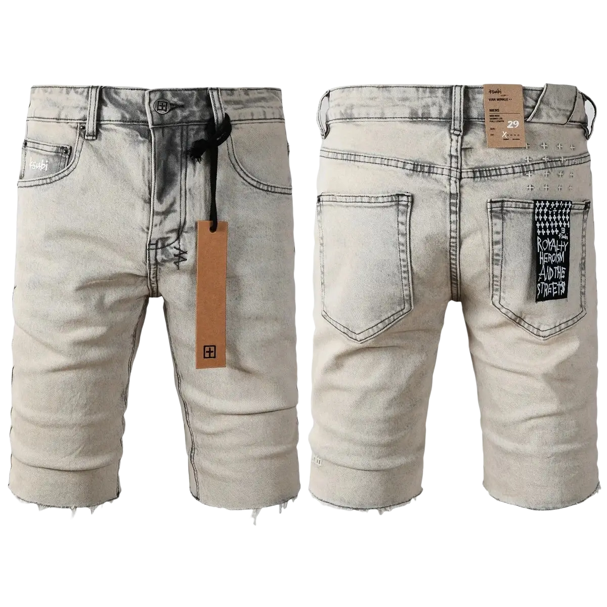 Men’s distressed blue acid wash denim shorts in light-wash with frayed hem and decorative studs on back pocket shown from rear