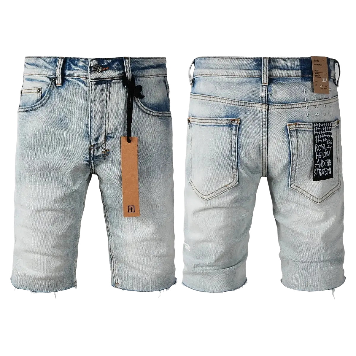 Back side of men’s distressed blue acid wash denim shorts with light wash, frayed hem, and black text patch on pocket
