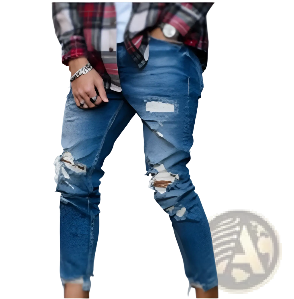 Men’s distressed blue denim jeans with ripped knees and frayed cuffs made from durable cotton material