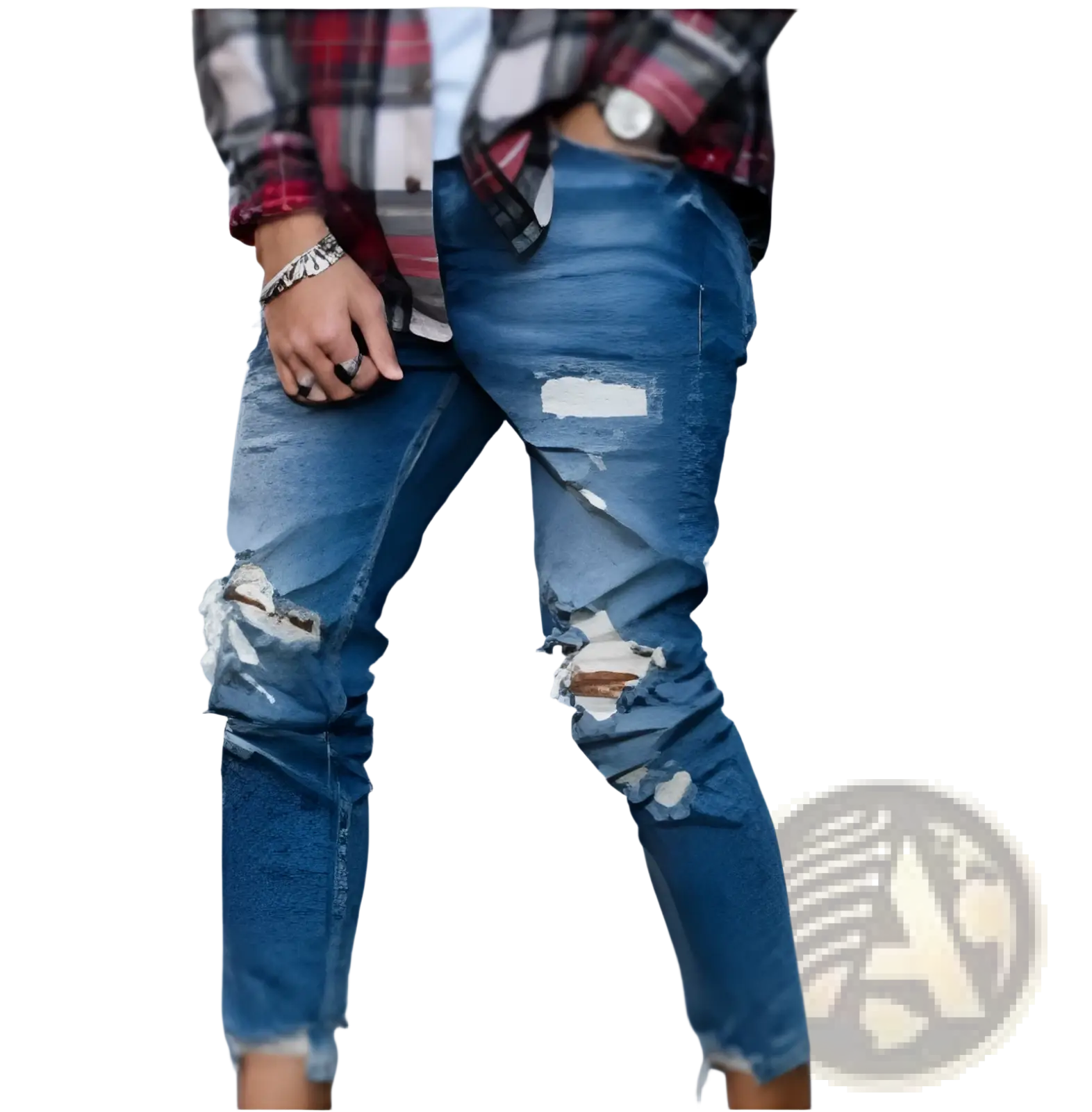 Men’s distressed blue denim jeans with ripped knees and frayed cuffs made from durable cotton material