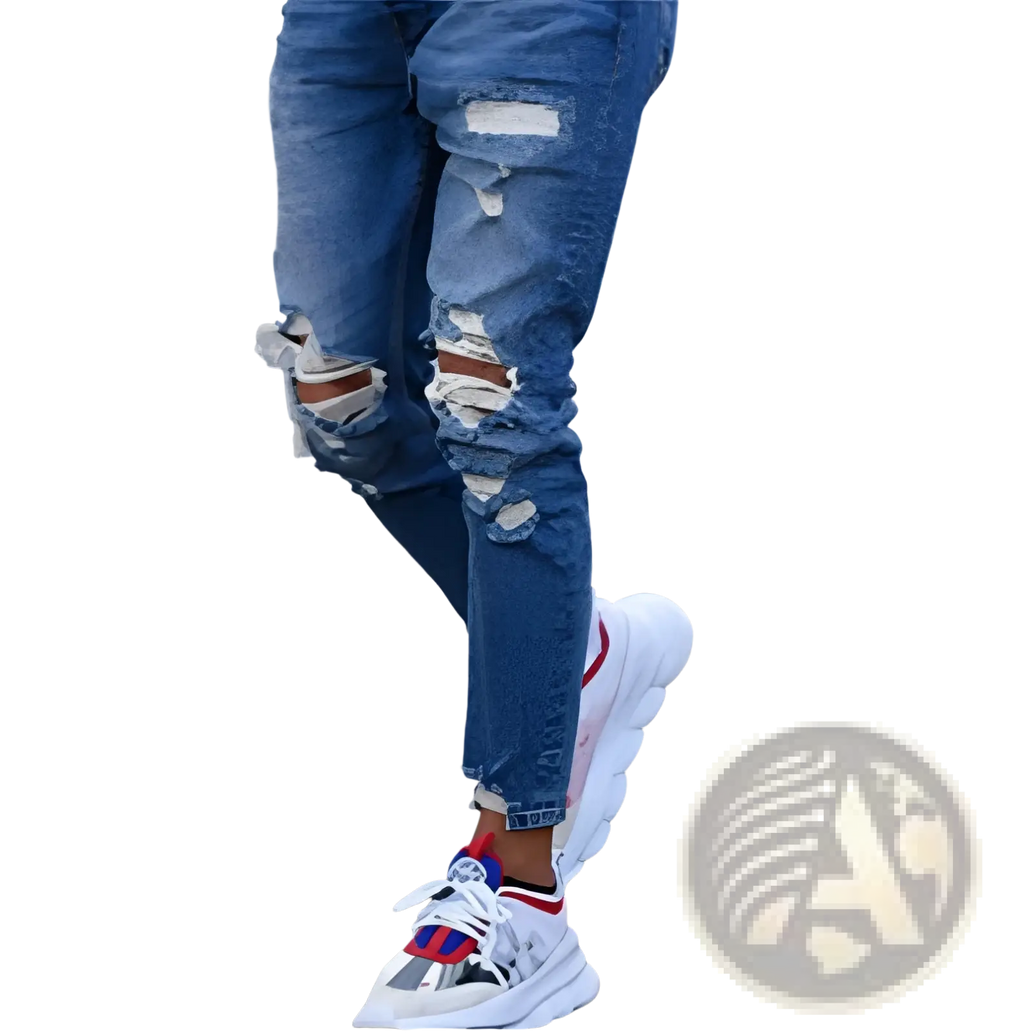 Men’s distressed blue denim jeans featuring ripped knees and frayed edges in durable cotton fabric