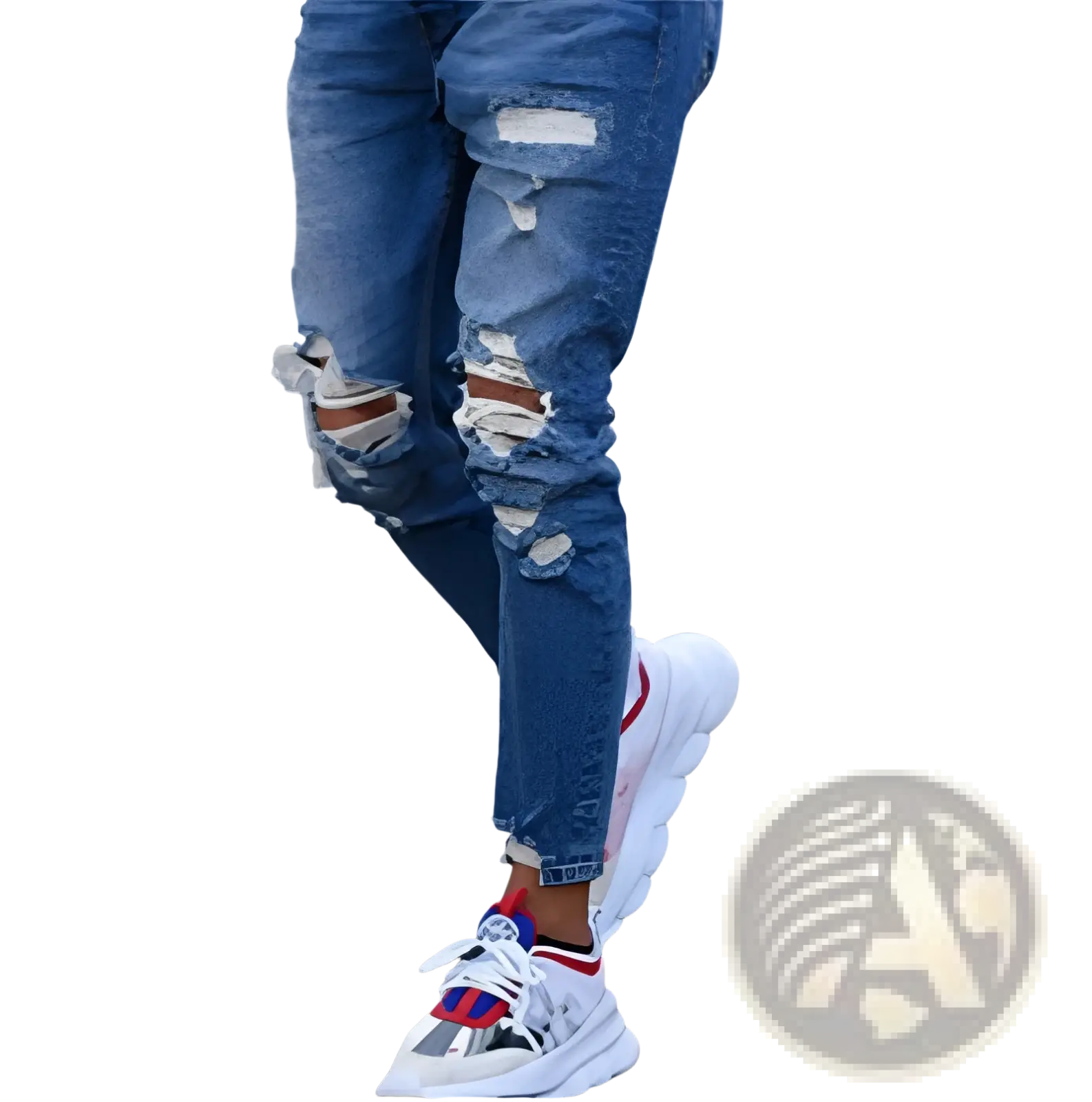 Men’s distressed blue denim jeans featuring ripped knees and frayed edges in durable cotton fabric
