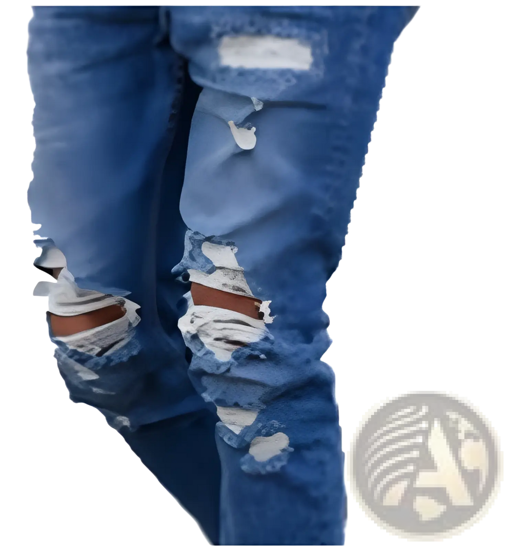 Men’s distressed blue denim jeans with ripped knees and frayed edges made from durable cotton fabric