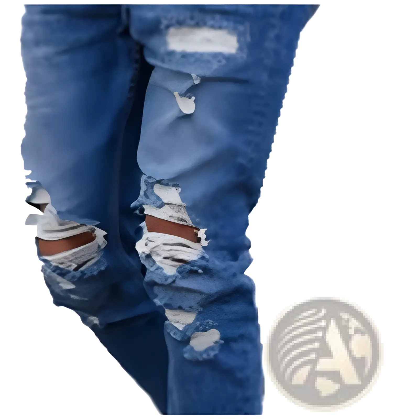 Men’s distressed blue denim jeans with ripped knees and frayed edges made from durable cotton fabric