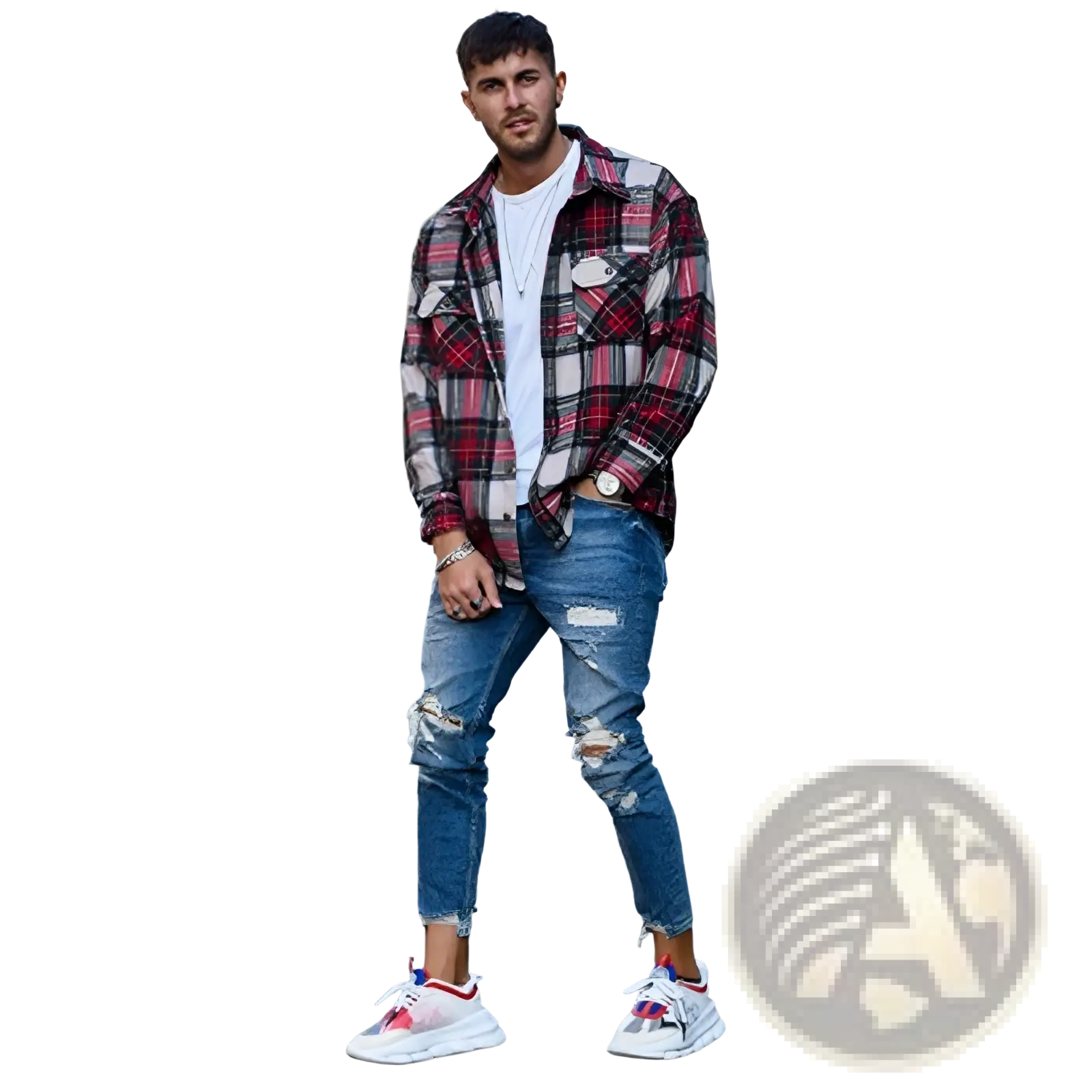 Man wearing men’s distressed blue denim ripped knee jeans paired with a red and black plaid flannel shirt