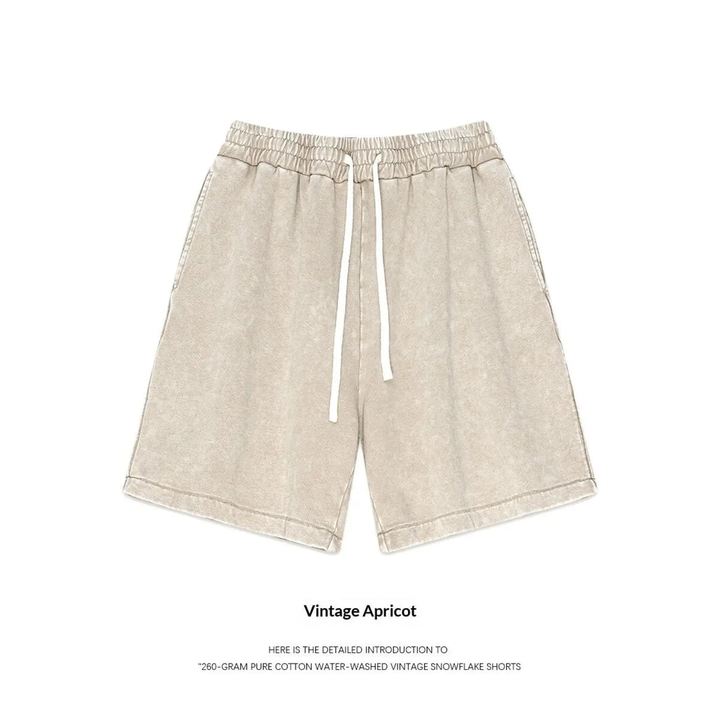 Beige distressed cotton mens shorts with vintage snowflake pattern and white drawstrings for summer apparel