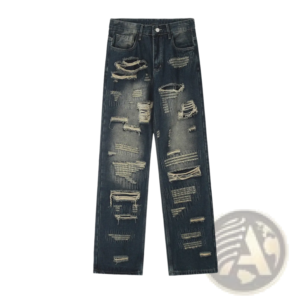 Men’s distressed dark wash straight leg ripped jeans featuring multiple rips and frayed edges on denim fabric