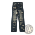 Men’s distressed dark wash straight leg ripped jeans featuring multiple rips and frayed edges on denim fabric
