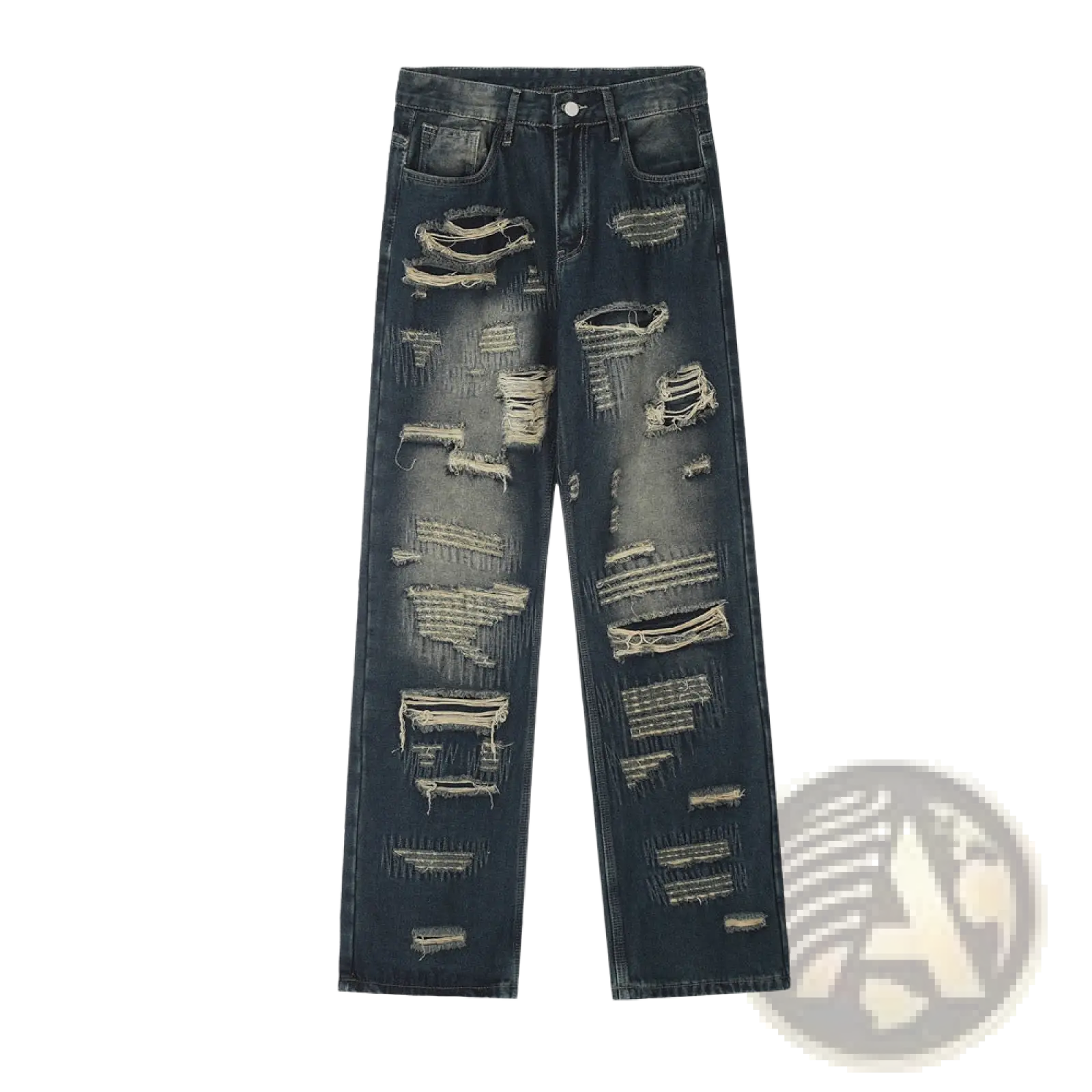 Men’s distressed dark wash straight leg ripped jeans featuring multiple rips and frayed edges on denim fabric