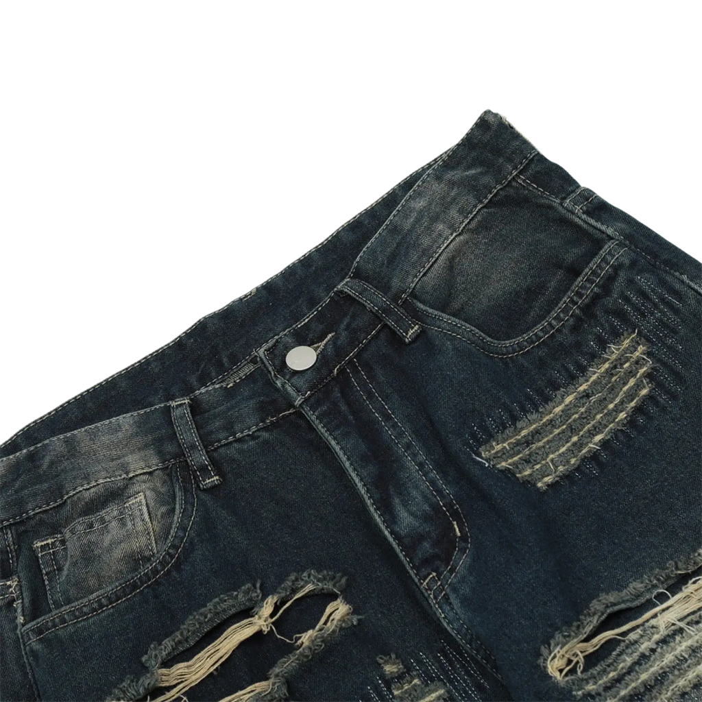 Men’s distressed dark wash denim shorts with ripped details frayed edges and reinforced stitching