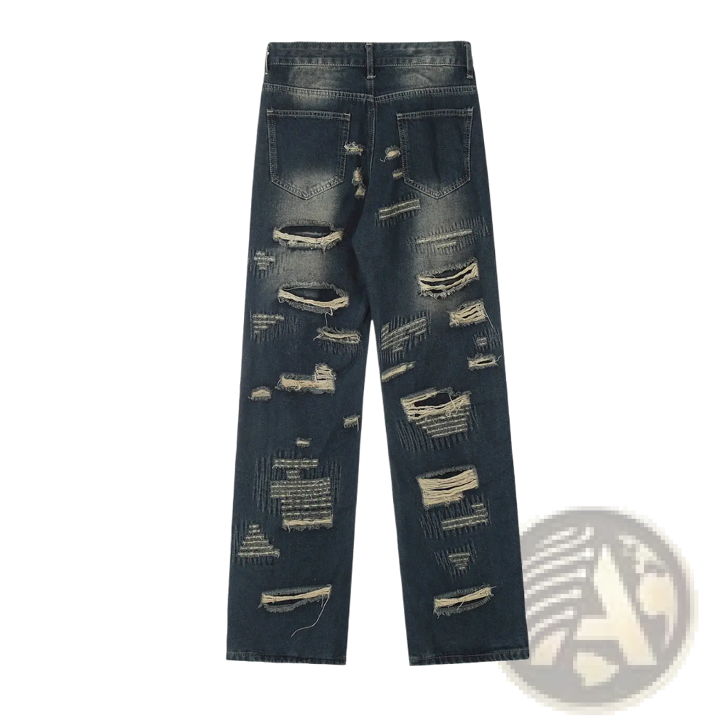 Men’s distressed dark wash straight leg denim jeans with multiple ripped and frayed edges across the legs