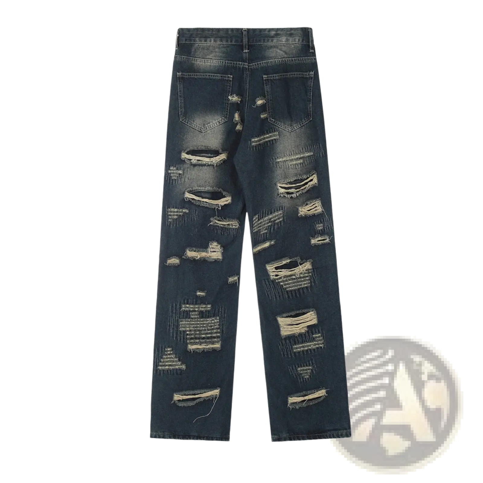 Men’s distressed dark wash straight leg denim jeans with multiple ripped and frayed edges across the legs