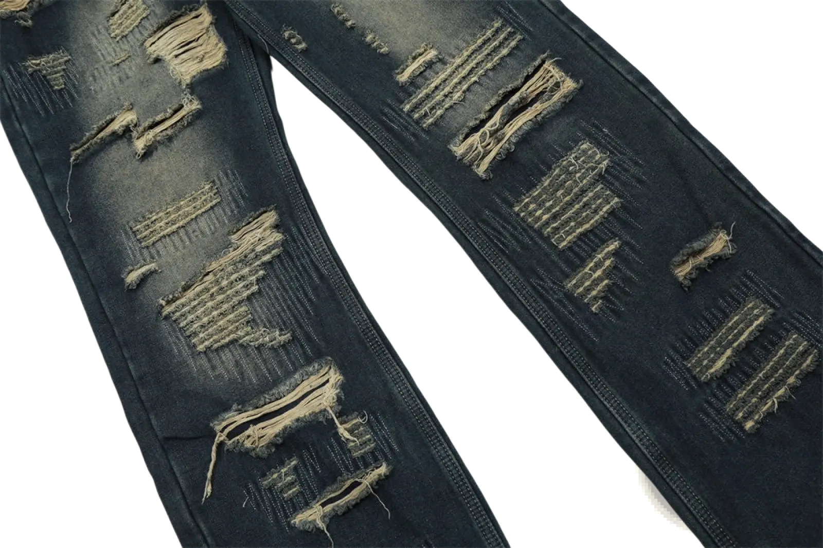 Men’s dark-wash denim jeans with distressed ripped patches, frayed edges, and visible stitching in a straight leg cut
