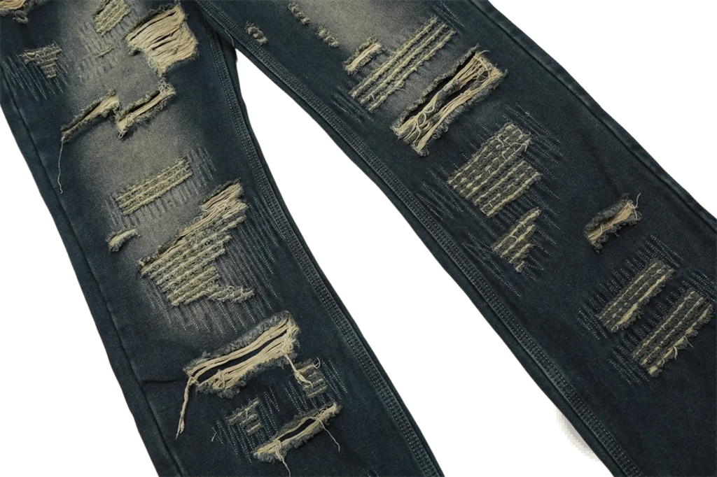 Men’s distressed dark wash straight leg jeans with ripped patches frayed edges and visible stitching details
