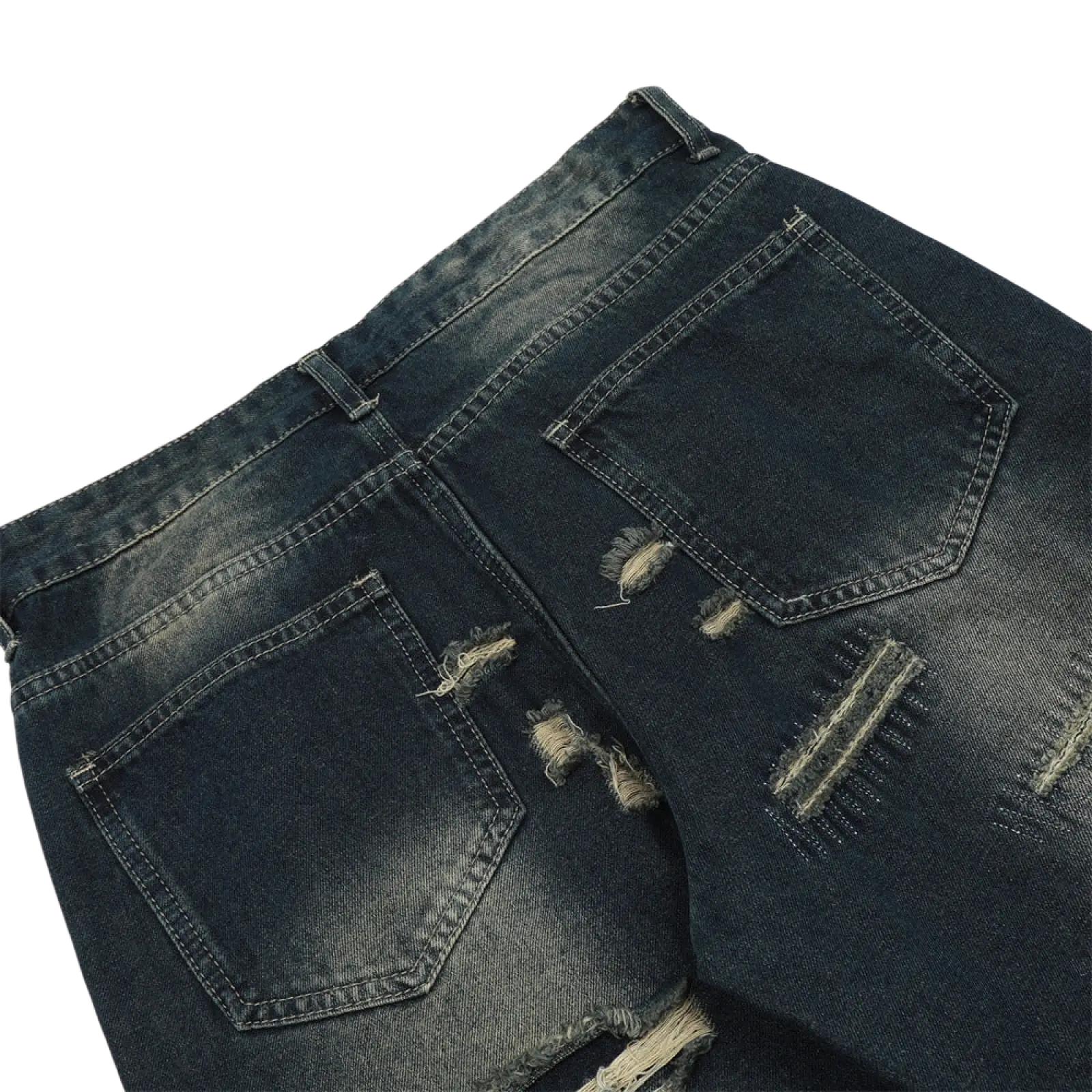 Men’s distressed dark wash straight leg denim jeans showing the back side with frayed patches and ripped pockets