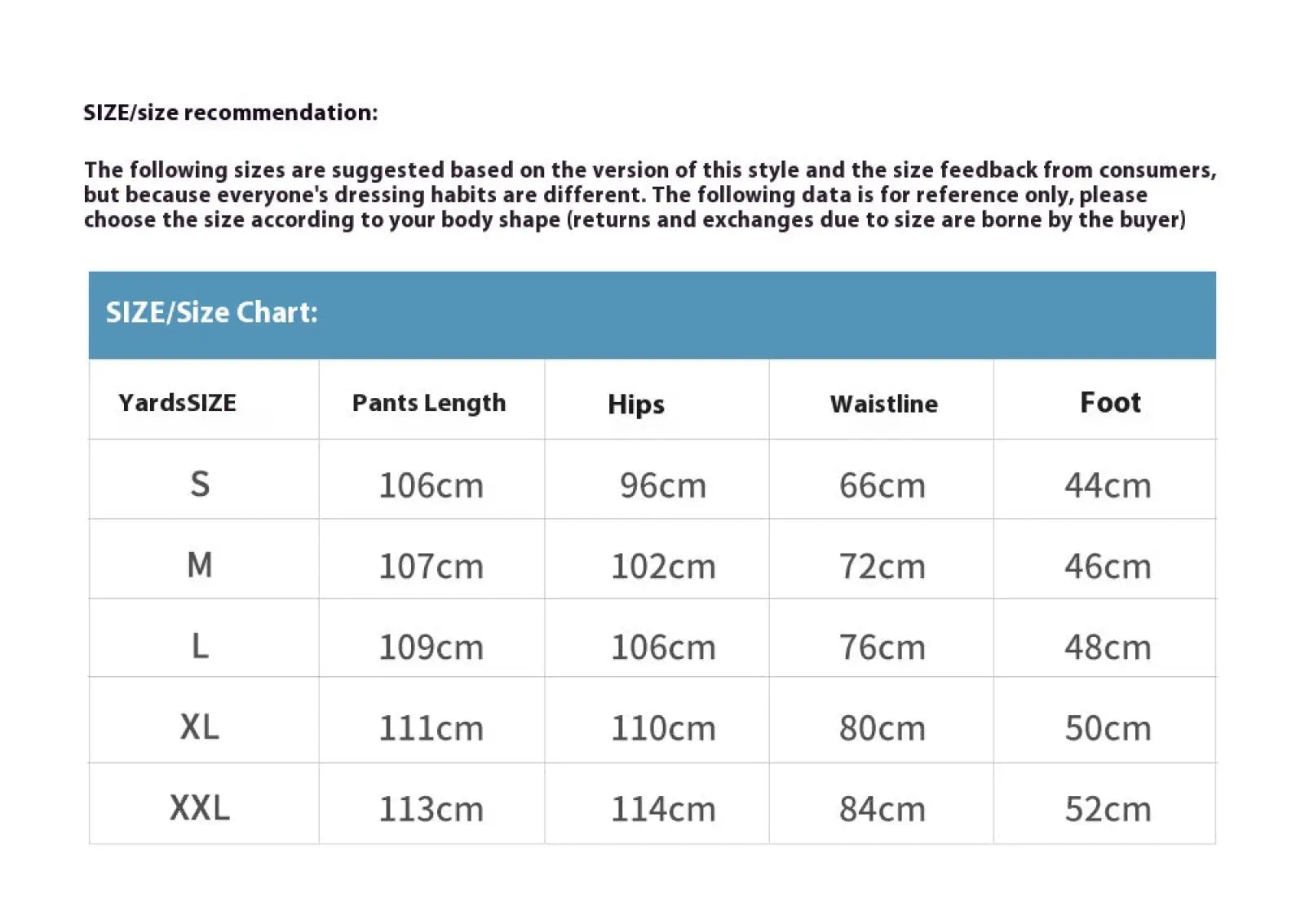 Size chart for men’s distressed dark wash straight leg ripped jeans showing pants measurements in centimeters from S to XXL