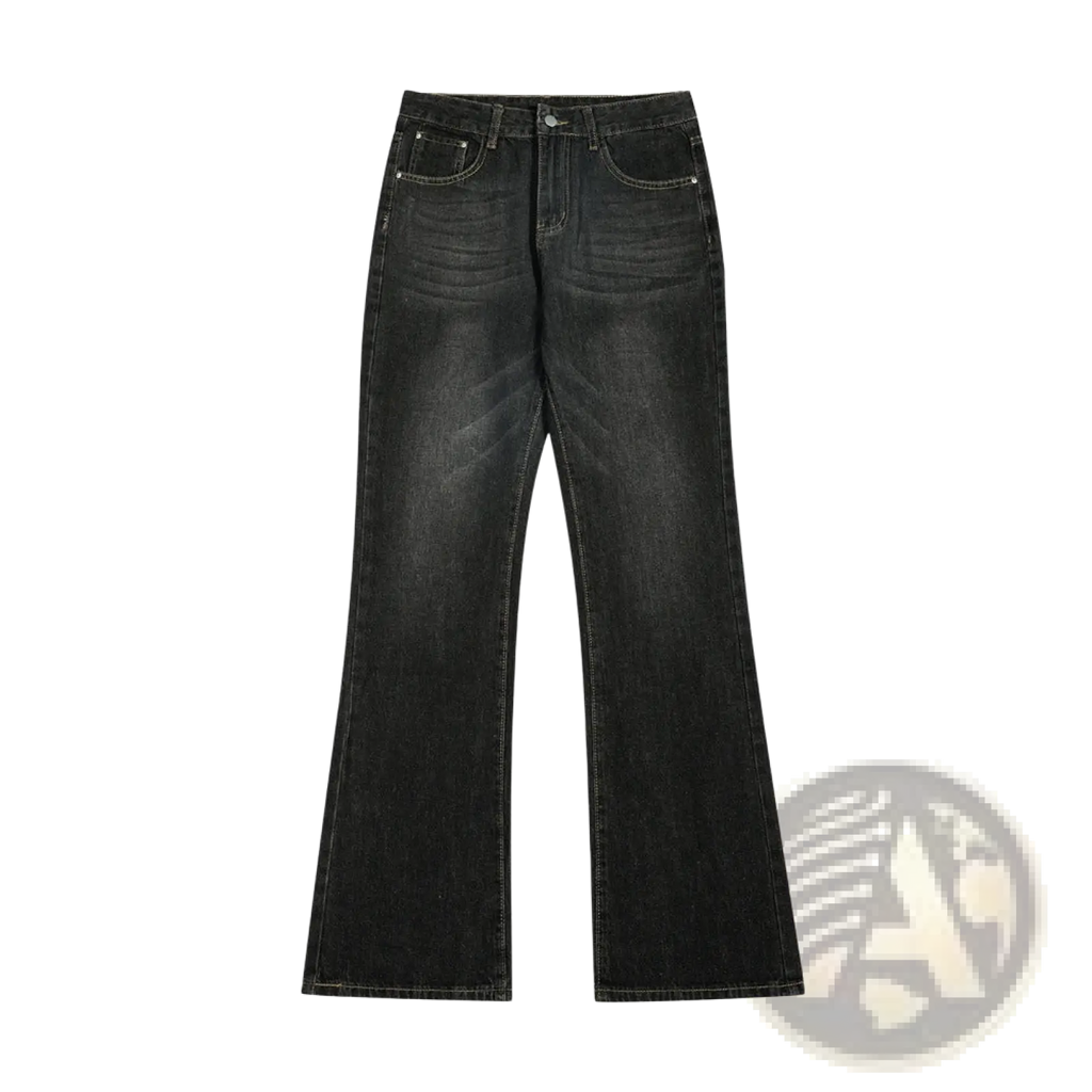 Men’s distressed flare leg black denim jeans with faded wash and classic five-pocket design made of durable material
