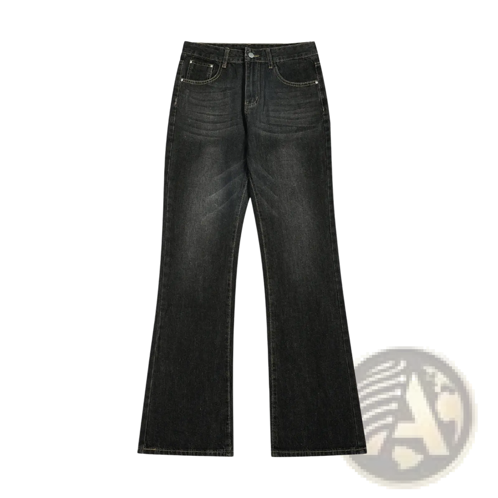 Men’s distressed flare leg black denim jeans with faded wash and classic five-pocket design made of durable material