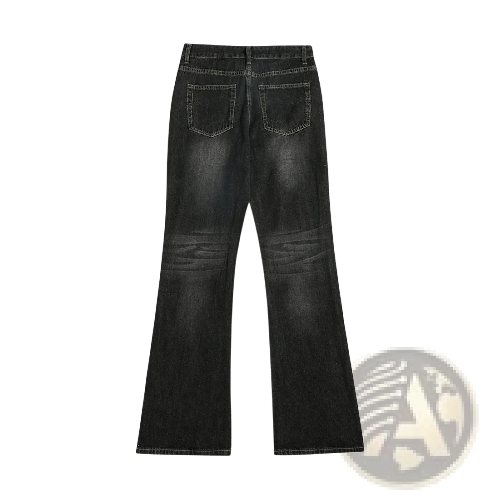 Men’s distressed flare leg dark wash denim jeans with subtle fading and distressed details on durable cotton fabric