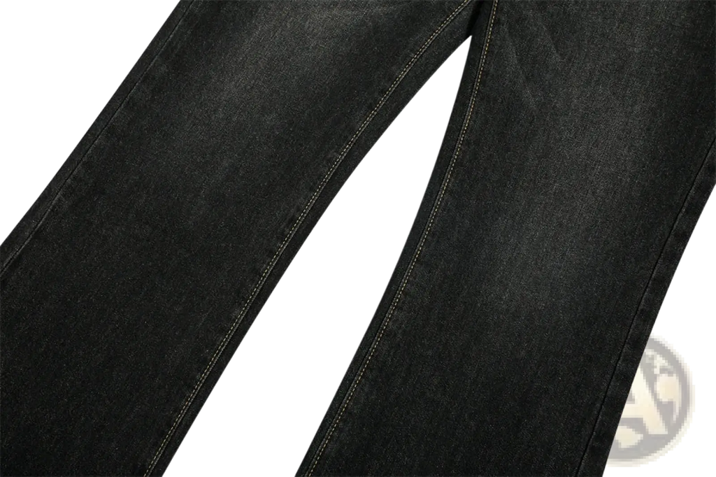 Men’s distressed flare leg dark wash denim jeans in black with straight-leg cut and visible seam stitching