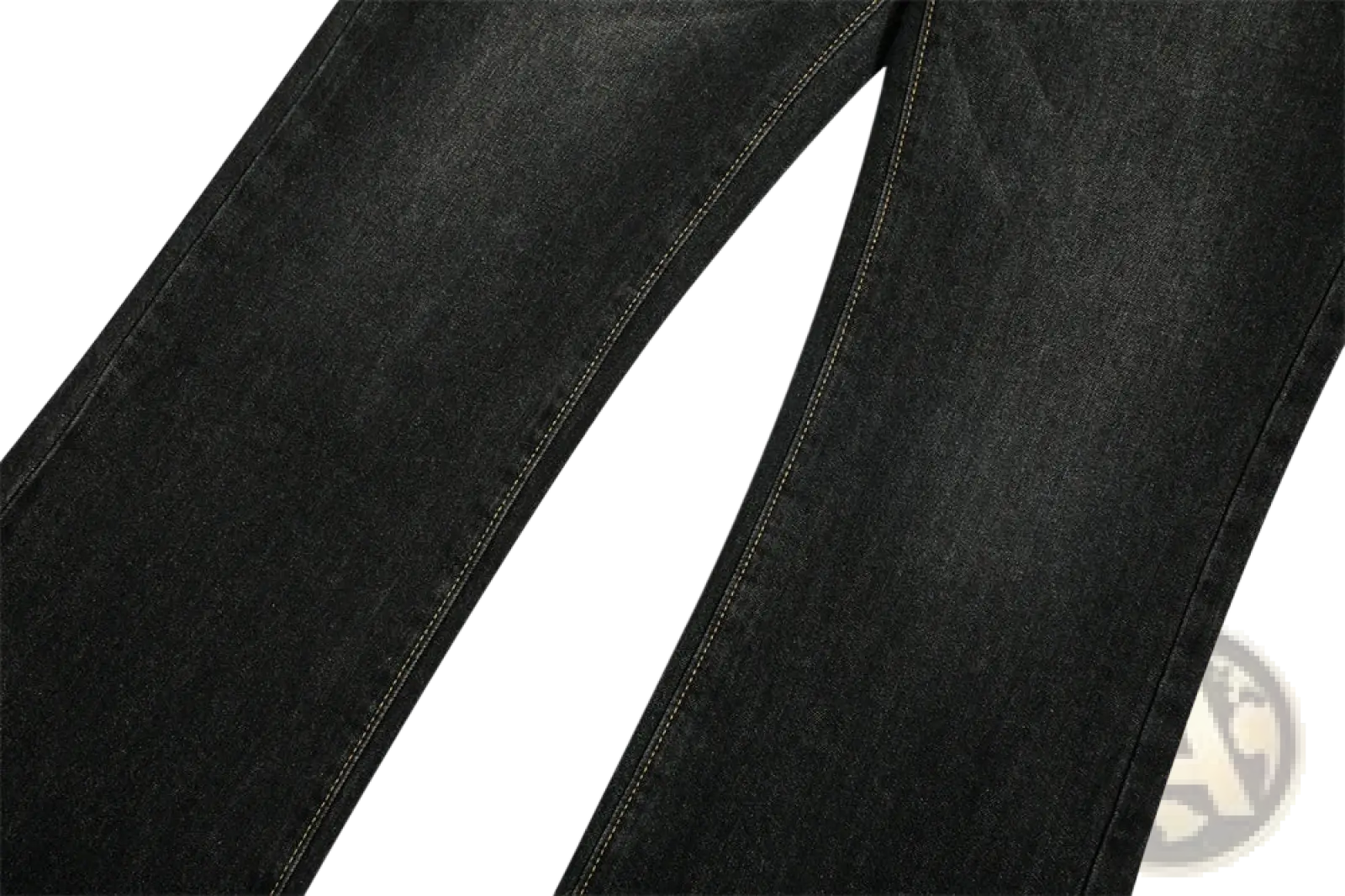 Men’s distressed flare leg dark wash denim jeans in black with straight-leg cut and visible seam stitching