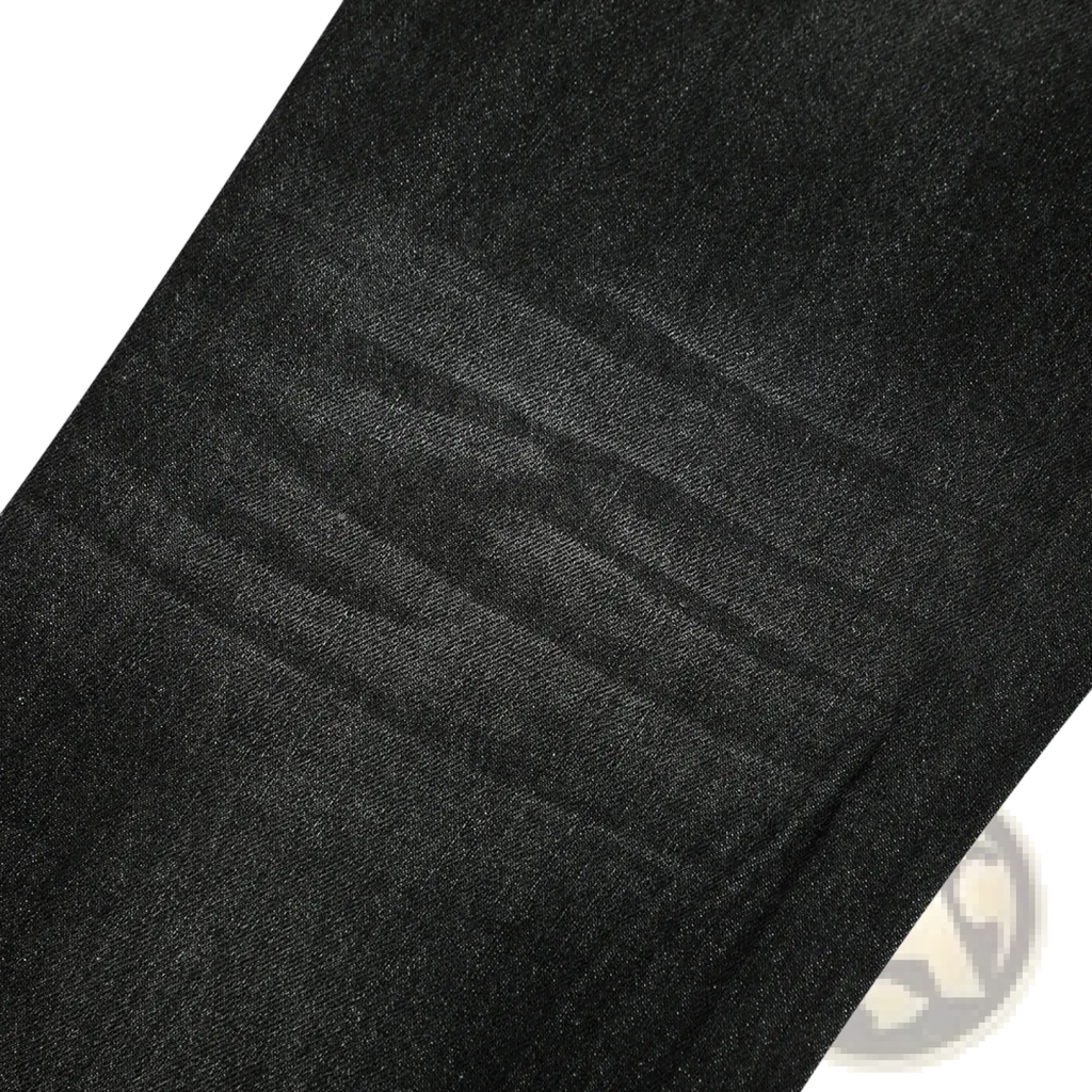 Men’s distressed flare leg dark wash denim jeans in black denim fabric with subtle texture and faint horizontal stitching lines